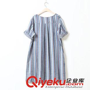 8.13新款 藍色旋律 秋季新款文藝豎條紋圓領短袖棉紗連衣裙2色