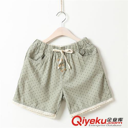 8.4新款 少女情懷  小清新波點拼接花邊刺繡可收腰系帶休閑短褲女 森女2色
