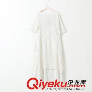 連衣裙 若白  文藝棉麻圓領短袖連衣裙 雙層純色亞麻森女系長裙夏el5138原始圖片2