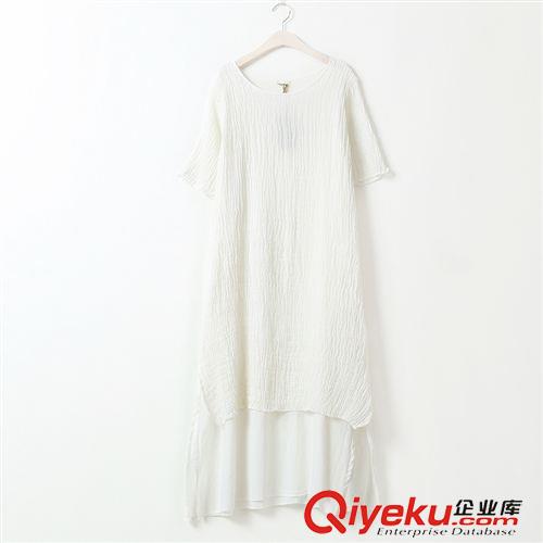連衣裙 若白  文藝棉麻圓領短袖連衣裙 雙層純色亞麻森女系長裙夏el5138原始圖片3