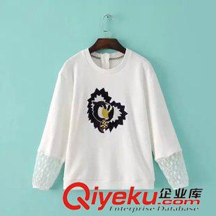 9月12 時尚百搭秋裝 女士個性刺繡蕾絲拼接袖薄款套頭T恤衫14YY-9.388