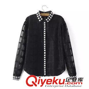 9月12 歐洲站秋裝爆 女方形刺繡領格子網紗拼接雙色長袖襯衫14YY-9.385