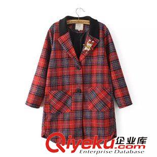 9月12 時(shí)尚熱賣爆款 女秋冬個(gè)性紅色格子兩粒扣寬松編織大衣14HL-9.383