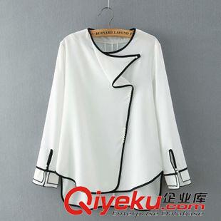 9月13 韓版不規則上衣 女式圓領黑色包邊前短后長釘珠飾襯衫21ZY-9.398