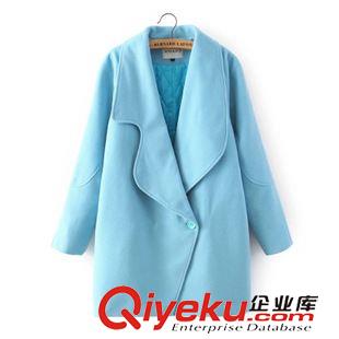 9月13 歐洲站秋冬女裝 大翻領時尚藍黑撞色暗扣毛呢大衣外套21ZY-9.395