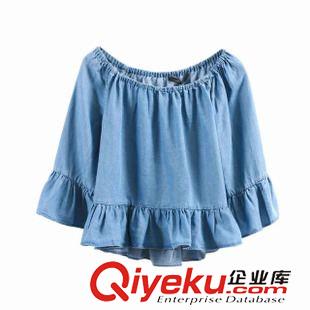 15-7月01-05 歐美風夏裝 女士氣質一字領松緊領荷葉擺牛仔娃娃衫上衣1OL-7.049