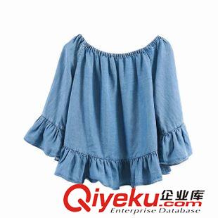 15-7月01-05 歐美風夏裝 女士氣質一字領松緊領荷葉擺牛仔娃娃衫上衣1OL-7.049