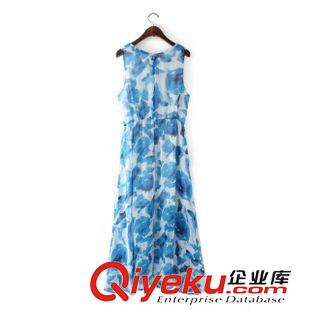 15-6月6-10 清涼波西米亞度假風 女紅藍潑墨無袖雪紡連衣裙長裙10TB-6.165原始圖片3