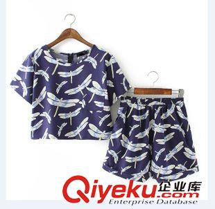 15-6月1-5 歐美時尚簡約新款 女士蜻蜓印花短T恤+短褲休閑兩件套裝4FF-6.079