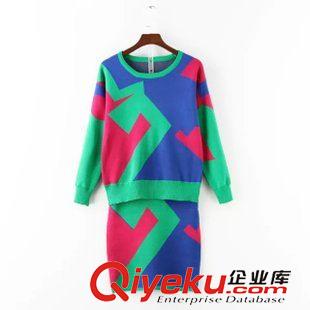 秋冬款 韓版早秋爆款 女士氣質(zhì)混色編織長(zhǎng)袖毛衣+包臀短裙套裝11AX-9.076