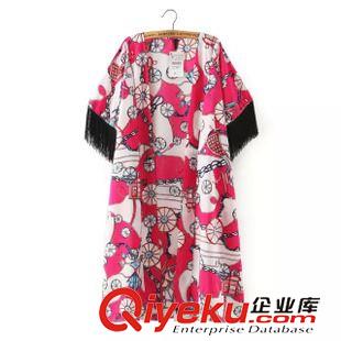 防曬衣 歐美風(fēng)時(shí)尚 女夏季必備馬車(chē)印花流蘇袖寬松和服防曬衣1XZ-6.426