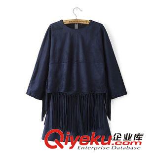 T恤 歐洲站秋裝爆款 氣質女裝純色短款圓領流蘇麂皮絨T恤11HY-9.581