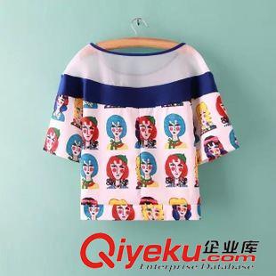 T恤 歐洲站時尚新款 女網紗拼接卡通美女頭像印花T恤雪紡衫5AZ-5.329原始圖片2