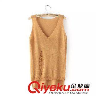 T恤 歐美時尚潮款 女士V領前短后長個性破洞套頭針織衫背心7XY-7.304