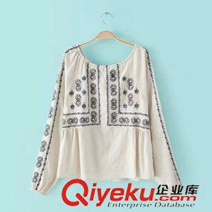 襯衫/雪紡衫 歐洲站2015秋季新款女裝 圓領(lǐng)后背鏤空定位刺繡套頭襯衫5XE-9.740