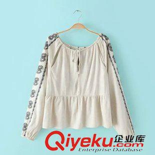 襯衫/雪紡衫 歐洲站2015秋季新款女裝 圓領(lǐng)后背鏤空定位刺繡套頭襯衫5XE-9.740原始圖片2