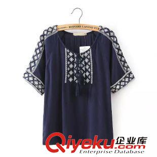 襯衫/雪紡衫 熱賣新款 女士民族風刺繡系帶領棉質短袖襯衫1DT-6.017