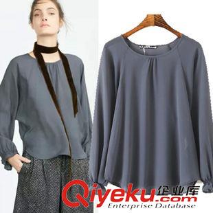 襯衫/雪紡衫 歐美款秋季新品 女士插肩燈籠袖純色百搭女士上衣5SP-9.663