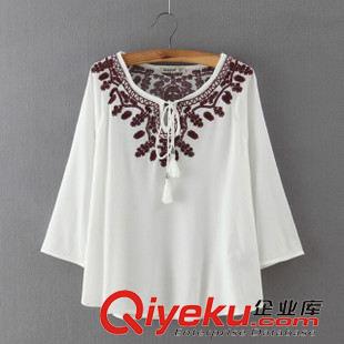 襯衫/雪紡衫 2015是說民族秋裝 女士人棉雙皺刺繡系帶長袖襯衫1NRB-9.652