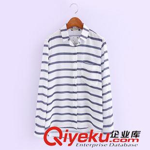 襯衫/雪紡衫 歐洲站時尚百搭 女翻領前短后長橫條紋單口袋長袖襯衫1DS-9.660