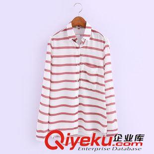 襯衫/雪紡衫 歐洲站時尚百搭 女翻領前短后長橫條紋單口袋長袖襯衫1DS-9.660