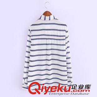 襯衫/雪紡衫 歐洲站時尚百搭 女翻領前短后長橫條紋單口袋長袖襯衫1DS-9.660