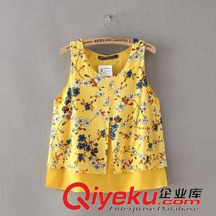 小背心/吊帶衫 甜美清新夏裝新款 女士碎花開叉雙層圓領無袖背心衫14TC-7.072原始圖片2