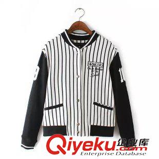 外套 /夾克 歐洲站新品 女士立領黑白豎條紋拼色長袖棒球服外套4WP-9.674