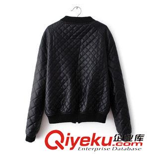 皮衣/皮草 歐美爆款 女黑色凌格子拉鏈口袋門襟夾棉皮衣外套夾克 5-11190