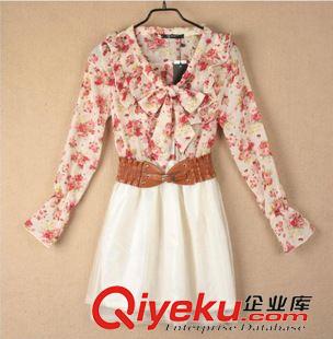 8月28號新款 2015春季新款氣質(zhì)典雅雪紡收腰拼接紗紗連衣裙女 配腰帶原始圖片2