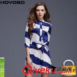 8月31號新款 歐洲站2015夏裝雪紡連衣裙 名媛立領條紋a字裙 修身系帶撞色原始圖片2