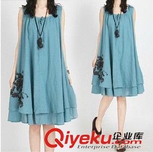 7.10號新款 夏季新款寬松大碼無袖連衣裙森女系棉麻刺繡花大擺背心裙