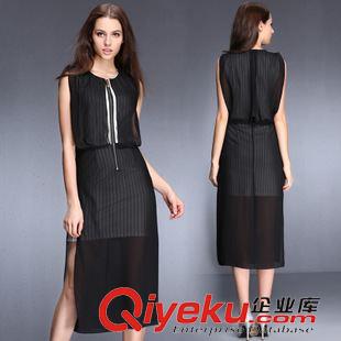 7.10號新款 2015歐美顯瘦大碼中長款假兩件套條紋無袖雪紡連衣裙長裙