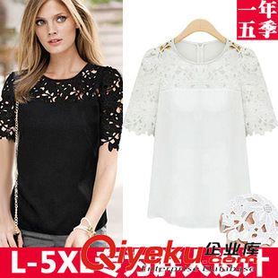 6.8號新款 歐美大碼女裝夏裝新款胖mm縷空短袖雪紡衫圓領襯衫T恤原始圖片2