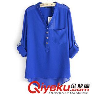 6.28號(hào)新款 2015新款女款立領(lǐng)純色金屬扣襯衫寬松前口袋長袖衫雪紡襯衫上衣女原始圖片2