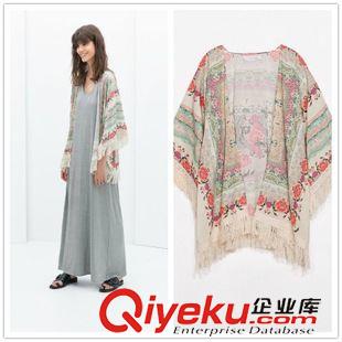 和服裝 2015歐美范時尚女裝批發 花朵流蘇和服式開襟ts性感雪紡衫