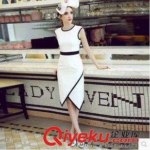 連衣裙 2015歐美風 夏女裝新品撞色包邊修身不規則擺時尚OL連衣裙 職業