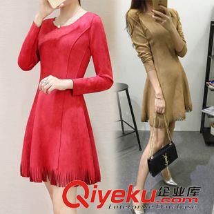 10月6號新款 2015秋裝女裝新款修身顯瘦復古鹿皮絨流蘇長袖打底裙連衣裙