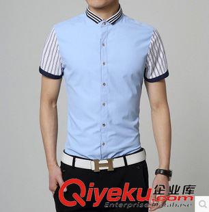 3.30新款 夏裝新品男士經典爆款韓版修身條紋拼接短袖襯衫  廠家直銷原始圖片2