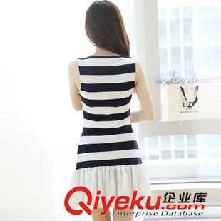 2015年4月30日 女裝代理夏裝新品無(wú)袖荷葉邊圓領(lǐng)條紋打底裙假兩件背心連衣裙