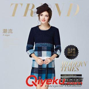 秋冬連衣裙 2015秋裝新品歐洲站撞色七分袖拼皮格子毛呢套裝上衣+半裙套裝原始圖片2