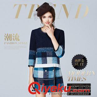 秋冬連衣裙 2015秋裝新品歐洲站撞色七分袖拼皮格子毛呢套裝上衣+半裙套裝原始圖片3