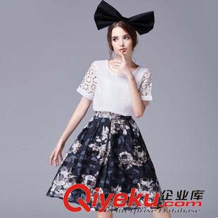 精品 2015模特實(shí)拍大碼女裝新款歐美圓領(lǐng)短袖縷空印花雪紡大擺型連衣裙原始圖片2