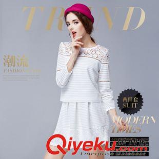 精品 歐洲站gd女裝廠家秋冬季蕾絲連衣裙七分袖拼接鏤空套裝代理批發(fā)原始圖片3