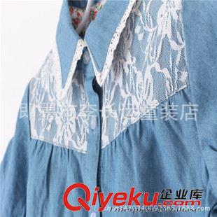 短袖襯衫 歐美韓范  外貿童裝批發 牛仔蕾絲拼接女童襯衣衫  短袖襯衫