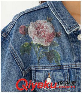 9月新品 15年秋冬新款 moussy 超美玫瑰印花雙口袋水洗做舊牛仔外套 上衣