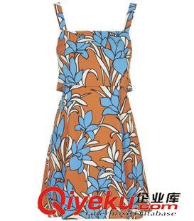 6月新品 2015夏新款 Topshop 紅人秀 花朵印花露背高腰假兩件吊帶連衣裙