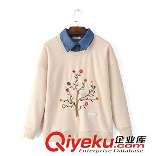 衛(wèi)衣/絨衣 $S 歐風(fēng)美 新款加厚加絨刺繡小樹假兩件打底衫批發(fā) 3220原始圖片2