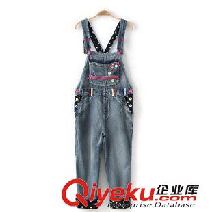 背帶褲 $W1歐美風  彩色紐扣裝飾波點卷邊牛仔背帶褲批發X3549原始圖片2