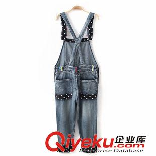 背帶褲 $W1歐美風  彩色紐扣裝飾波點卷邊牛仔背帶褲批發X3549原始圖片3